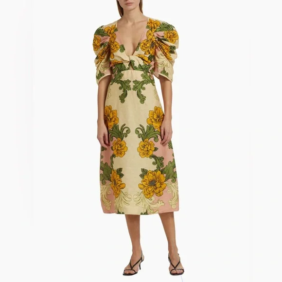 Farm Rio Floral Arabesque Linen Midi-Dress - Picture 3 of 8